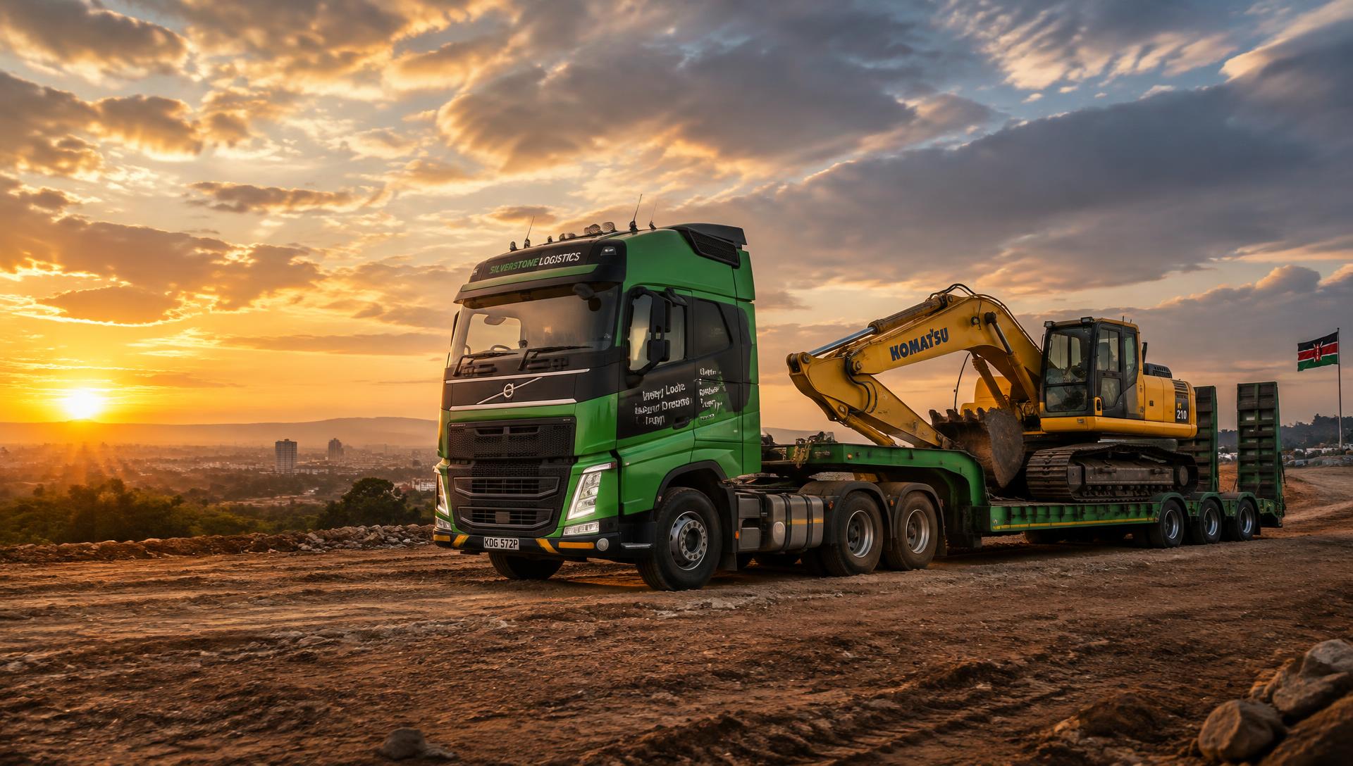 Heavy truck carrying an excavator at a Kenyan construction site